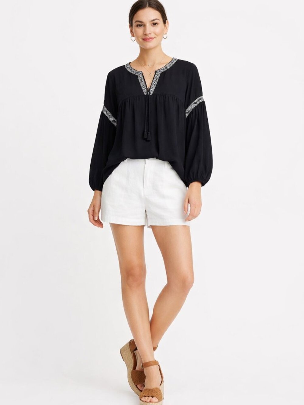Madewell Blouson-Sleeve Boho Tassel Peasant Top/Blouse Size XS Black